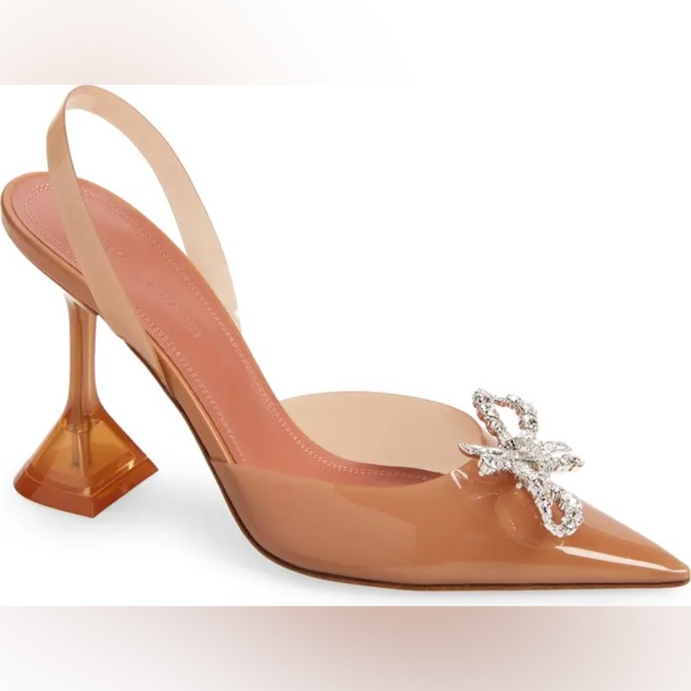NEW IN BOX Amina Muaddi Rosie crystal-bow slingback PVC heels SZ 39 in Nude